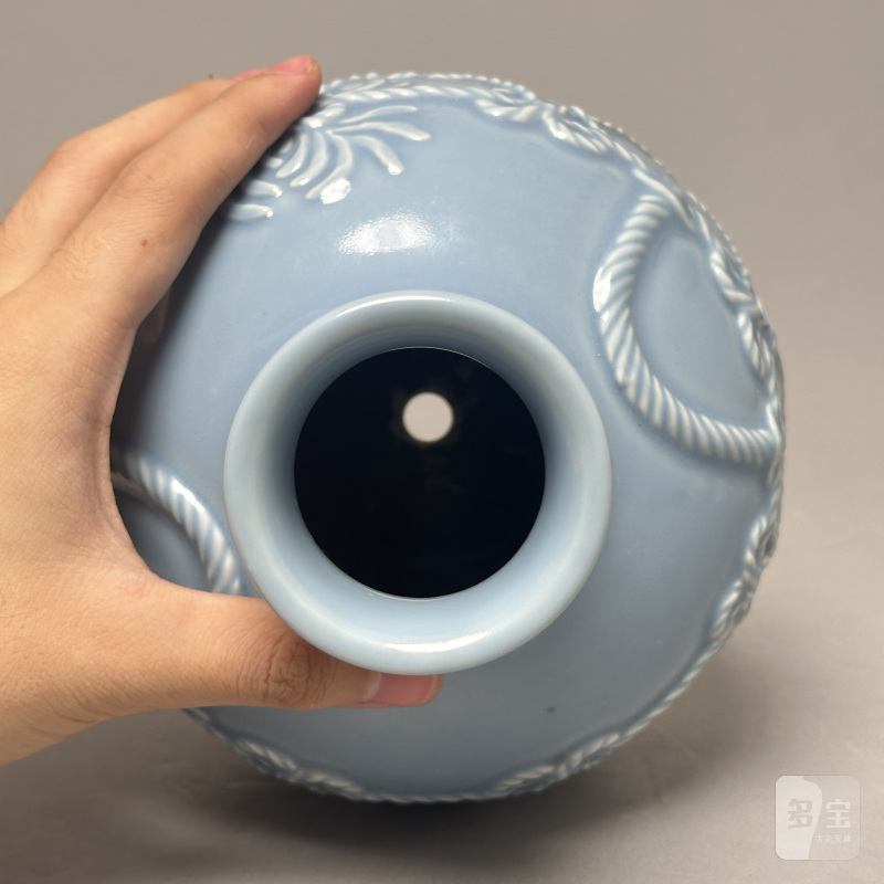 清晚期 天蓝釉浮雕花卉纹鱼篓尊 - 图7